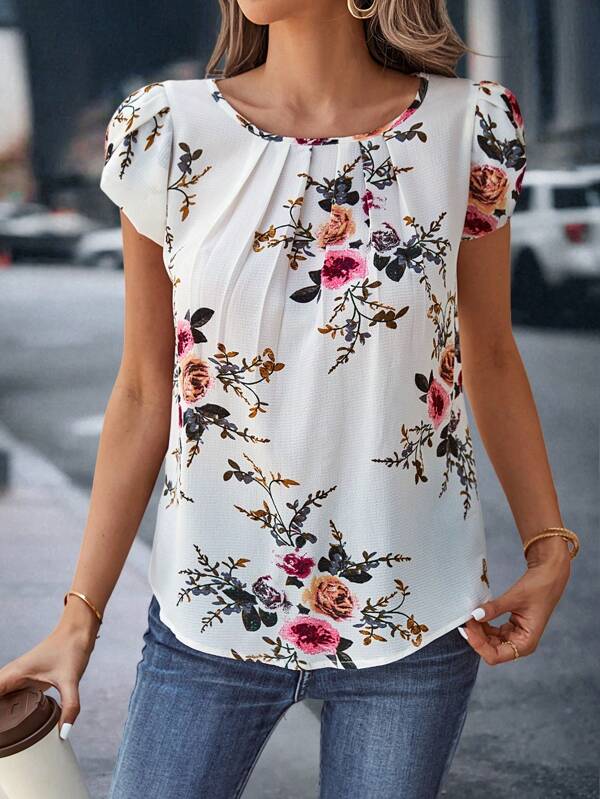 Print Pleated Sleeve Blouse